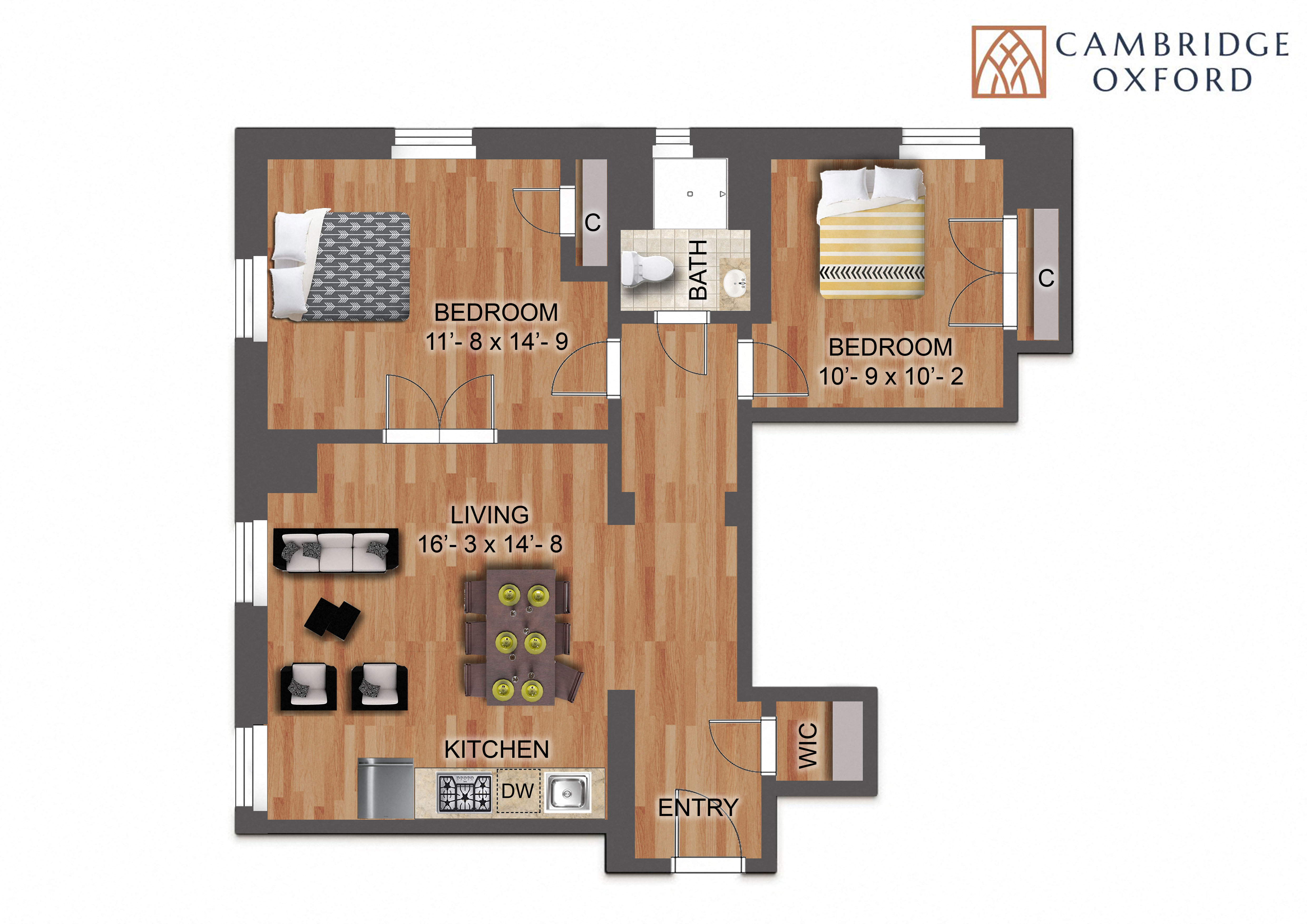Floor plan for 2 beds, 1 bath, 700 sqft